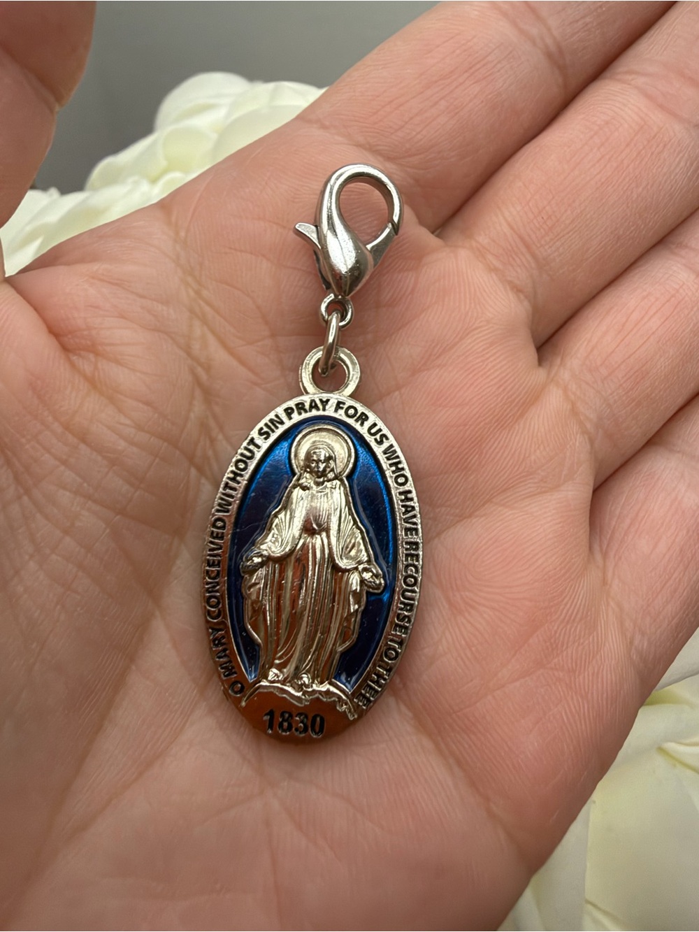 Blue Enamel Miraculous Medal Charm Pendant - Women Jewelry